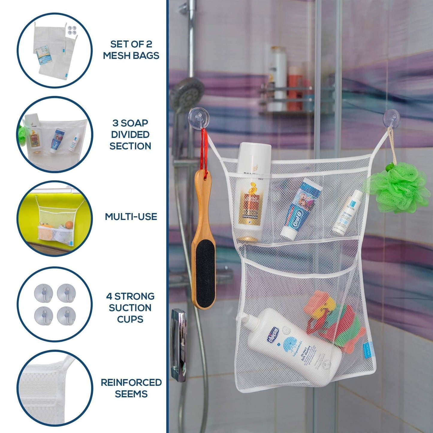 Juego de 2 organizadores de juguetes de baño de gran tamaño de 36 x 50 cm y 40 x 50 cm, bolsas de malla para juguetes de bañera de bebé, 4 ventosas fuertes, soporte para carrito de ducha de baño multiusos para niños pequeños