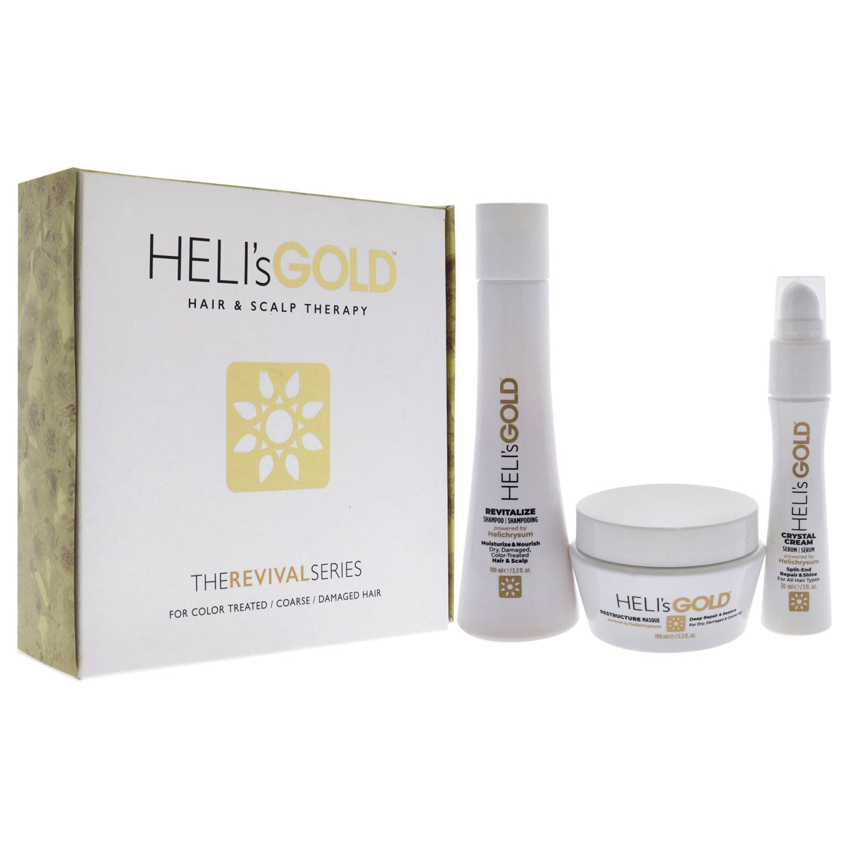 El kit de viaje Revival Series de Helis Gold unisex - 3 piezas: champú revitalizante de 3.3oz, mascarilla reestructurante de 3.3oz, crema Crystal de 1oz