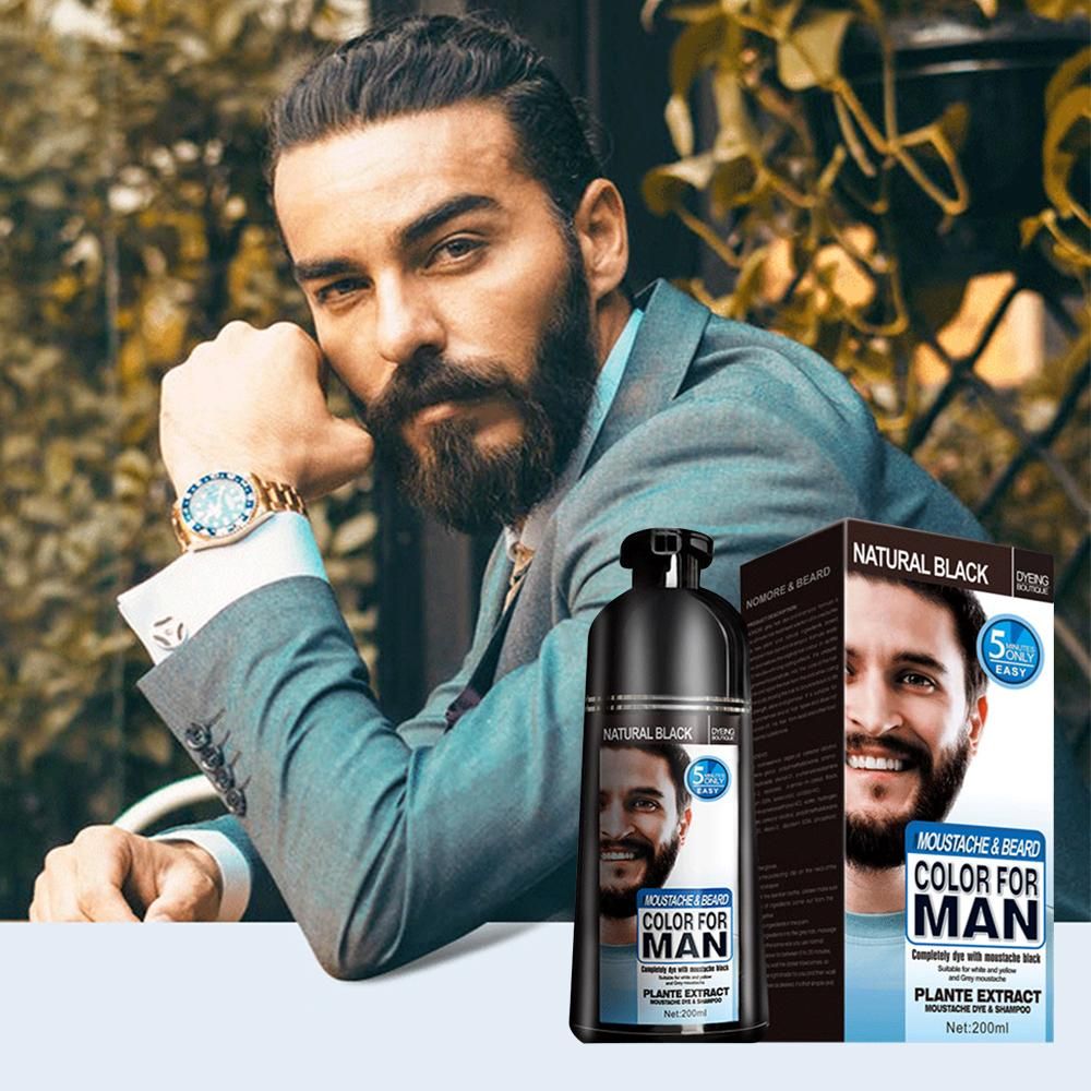 Champú Tinte para Barba para Hombres, Tinte Permanente Natural para Barba, Tiñe el Cabello en Minutos, Larga Duración, 200 ml, Cuidado Capilar Tinte Negro