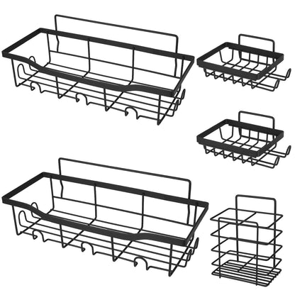 Estantes para ducha (paquete de 5) con 18 ganchos incorporados, estantes de almacenamiento a prueba de óxido para montar en la pared para baño, dormitorio, cocina, organizador de baño adhesivo para champú, cepillo de dientes y jabón