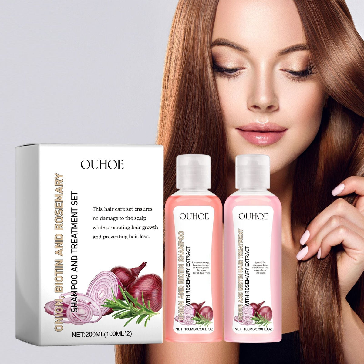 OUHOE Champú y Acondicionador de Cebolla, Biotina y Romero Nutre las Raíces, el Cuero Cabelludo, Densifica, Aporta Brillo y Espesa el Cabello