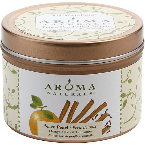 AROMATERAPIA PEACE PEARL de Peace Pearl Aromatherapy UNA VELA DE AROMATERAPIA DE SOJA EN LATA DE 2.5x1.75 PULGADAS. COMBINA LOS ACEITES ESENCIALES DE NARANJA, CLAVO Y CANELA PARA CREAR UN AMBIENTE CÁLIDO Y ACOGEDOR.
