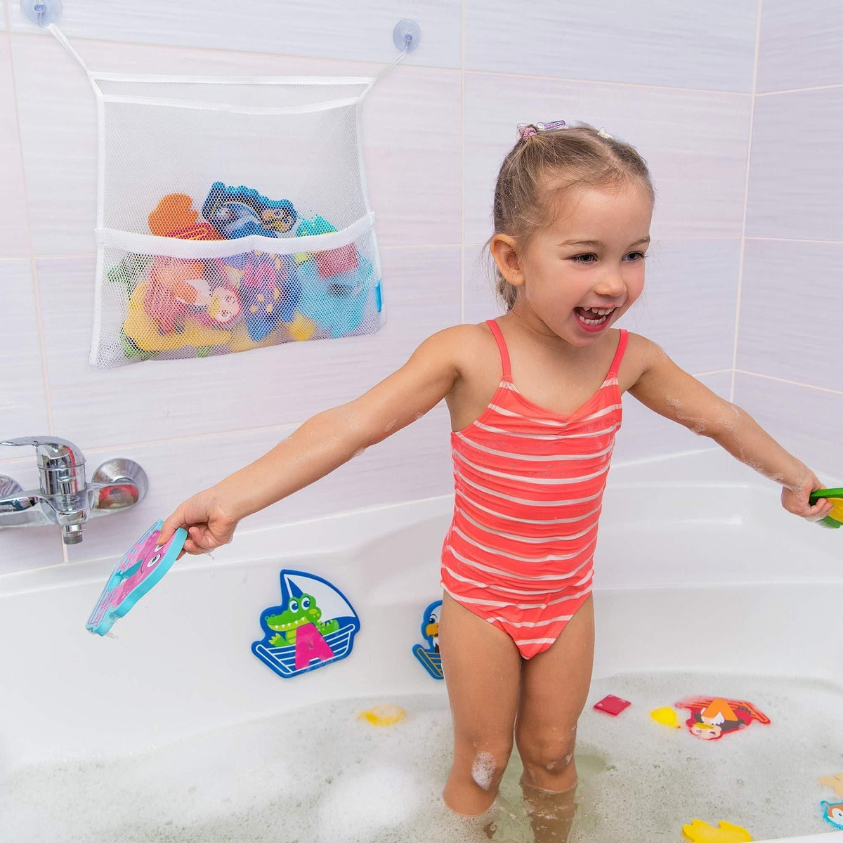 Juego de 2 organizadores de juguetes de baño de gran tamaño de 36 x 50 cm y 40 x 50 cm, bolsas de malla para juguetes de bañera de bebé, 4 ventosas fuertes, soporte para carrito de ducha de baño multiusos para niños pequeños