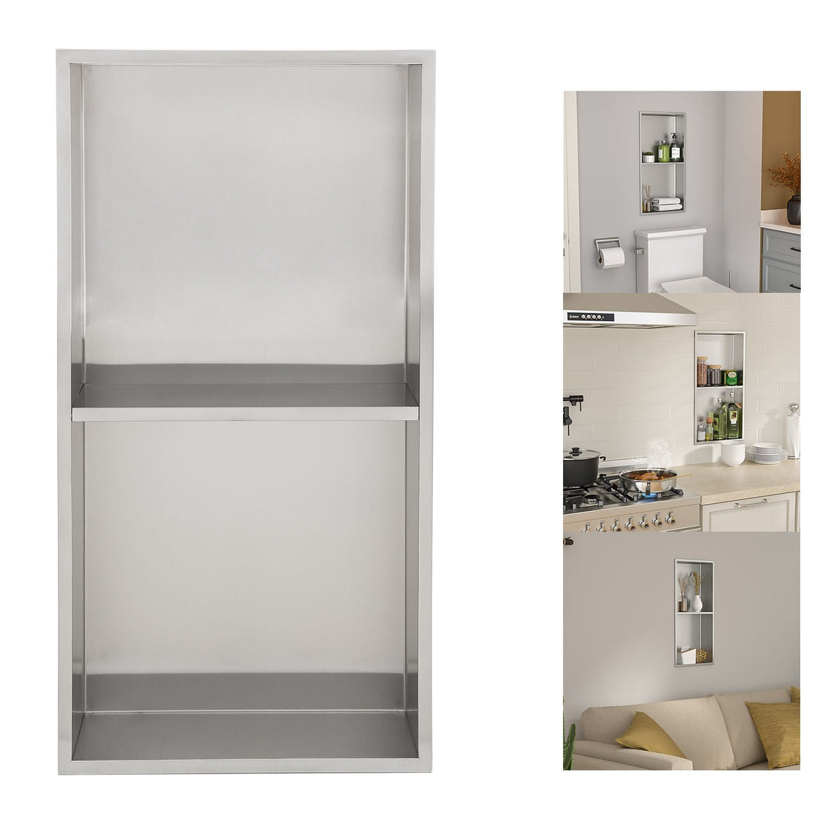 Brushed Stainless Steel Wall Shower  Niche , Double Recessed Shower Shelf for Bathroom