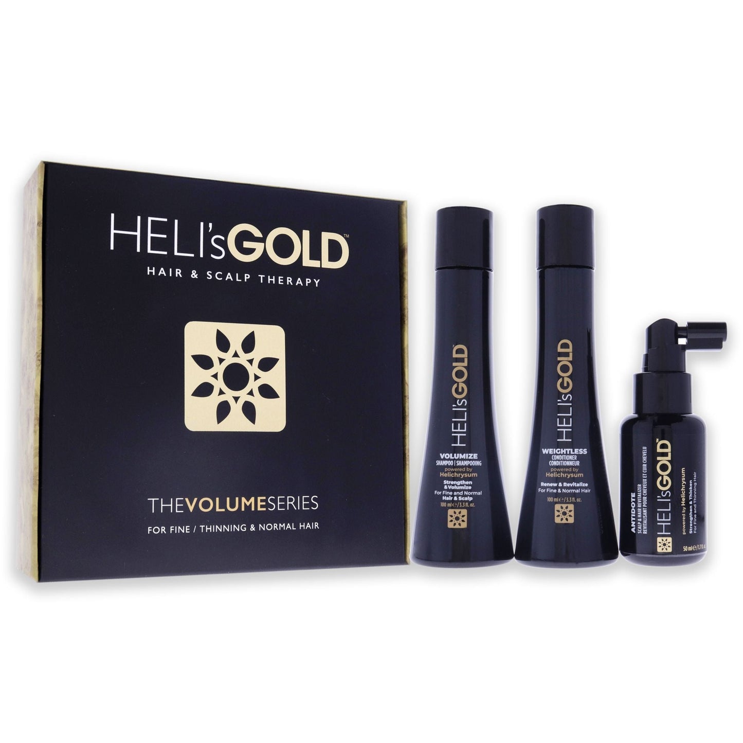 Kit de Viaje Serie Volumen de Helis Gold para Unisex - Acondicionador Ligero de 3.3oz, Champú Voluminizador de 3.3oz, Revitalizador para Cuero Cabelludo y Cabello Antídoto de 1.7oz