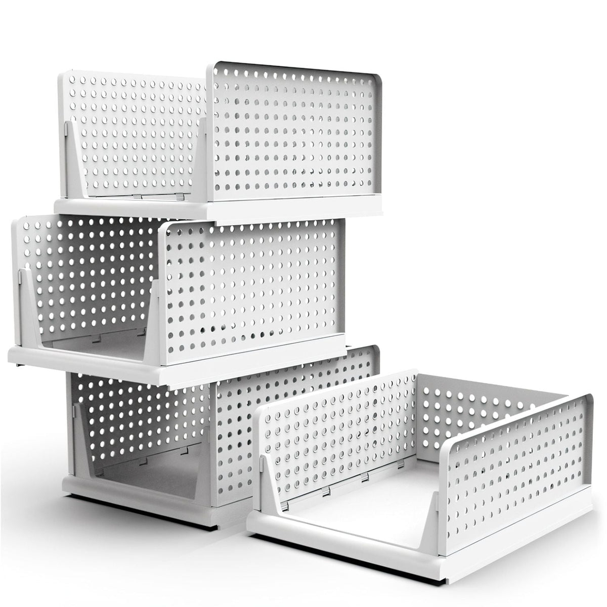 Paquete de 4 cajas organizadoras de plástico para armarios, contenedores de almacenamiento plegables, cajones apilables con riel deslizante, cesta de almacenamiento extraíble para sala de estar, dormitorio, armario, color blanco