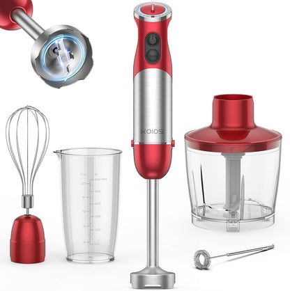 KOIOS 5-in-1 Hand Immersion Blender, 1000W 12 Speed Handheld Blender, Copper Motor Stainless Steel Blade Stick Blender,600ml Mixing Beaker,500ml Food Processor, Whisk, Milk Frother, B PA-F ree, Red