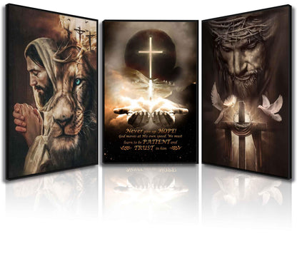 3 Piezas Arte de Pared Jesús Póster de Jesús León Cuadros Pinturas Cristianas Arte Bíblico de Cruz Impresiones en Lienzo Decoración de Cruz y Paloma de la Paz Serie Redención y Dios para Decoración de Pared de Habitaciones Iglesias Religiosas Sin Marco