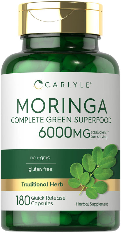 Carlyle Moringa Oleifera | 180 Cápsulas | Suplemento sin OGM y sin Gluten | Superalimento Verde Completo | de Hoja de Moringa en Polvo