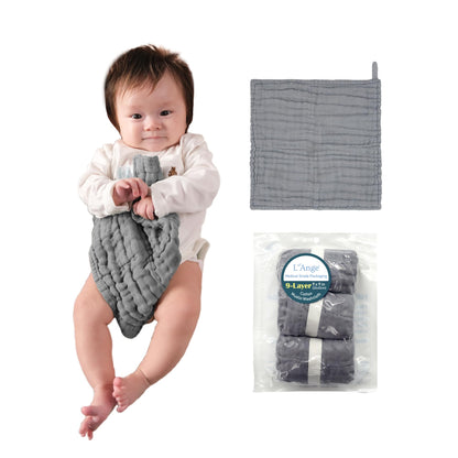 Juego de toallitas y paños para eructar de bebé L'Ange - Paquete de 3 de muselina 100% algodón de 9 capas para pieles sensibles - Súper absorbente - Empaque de grado médico para bebés, recién nacidos y niños pequeños - 9x9 - Gris Paloma