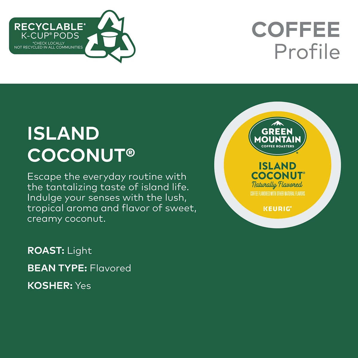 Green Mountain Coffee Roasters Island Coconut, Cápsulas K-Cup de Keurig de Una Sola Porción, Café Tostado Ligero Saborizado, 24 Unidades (Paquete de 1)