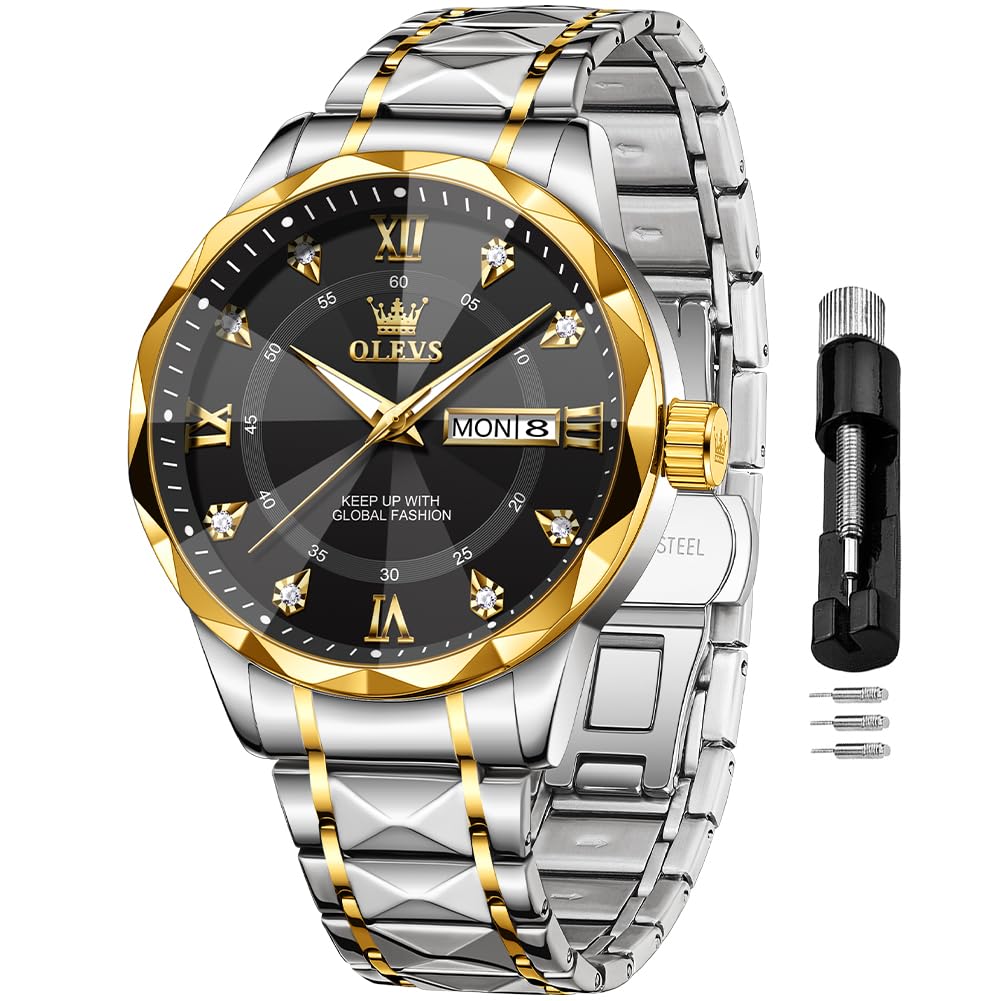 Reloj OLEVS para hombre, de negocios, formal, bicolor, negro, para hombre, con diamantes, de acero inoxidable, esfera grande, impermeable, analógico, con fecha, reloj de pulsera