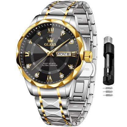 Reloj OLEVS para hombre, de negocios, formal, bicolor, negro, para hombre, con diamantes, de acero inoxidable, esfera grande, impermeable, analógico, con fecha, reloj de pulsera