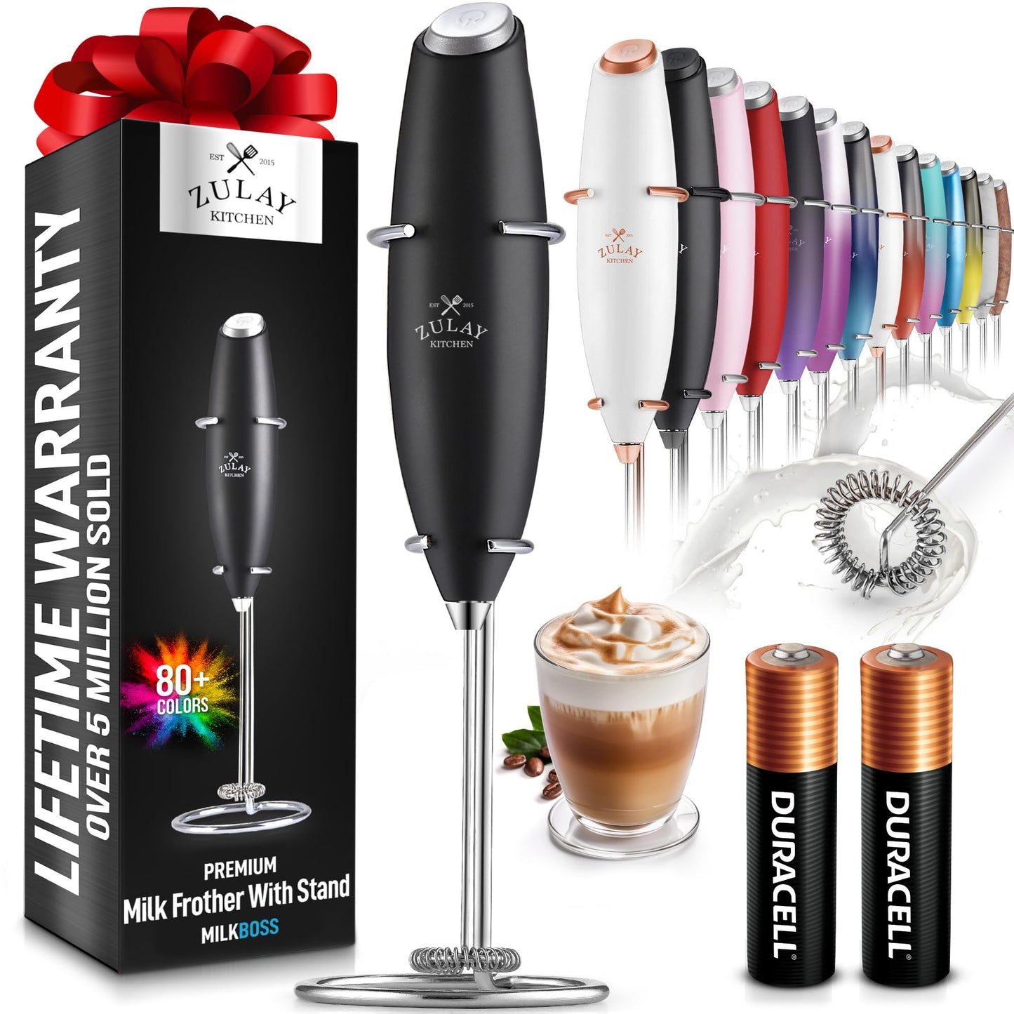 Zulay Kitchen Potente Batidora Espumadora de Leche con 2 Pilas Duracell - Mezclador de Bebidas Portátil Ultrarrápido - Batidor Eléctrico para Café Latte Capuchino Matcha Chocolate Caliente y Crema - Negro