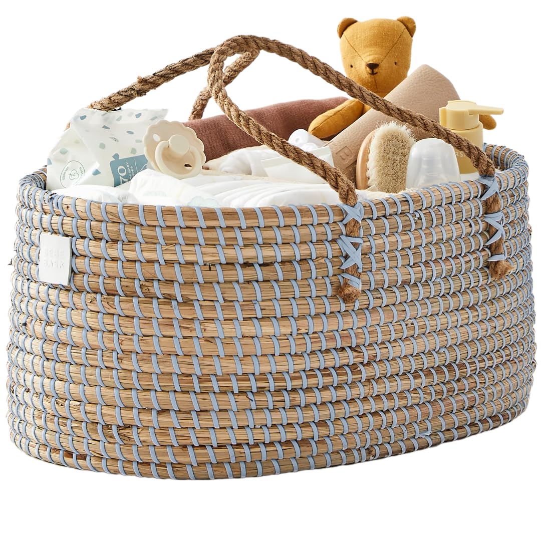 Organizador de pañales BEBE BASK Baby Diaper Caddy - Hecho a mano de algas marinas orgánicas - Cesta de lujo azul para pañales - Cesta de pañales azul claro - Cesta de pañales para bebé niño (Dove)