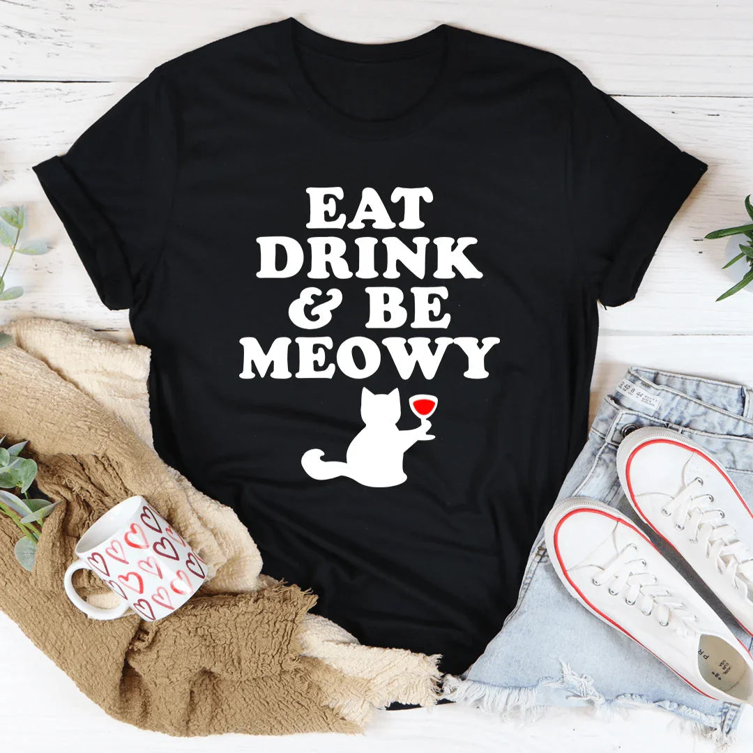 Cat Lover Holiday Graphic Tee – "Eat Drink & Be Meowy"