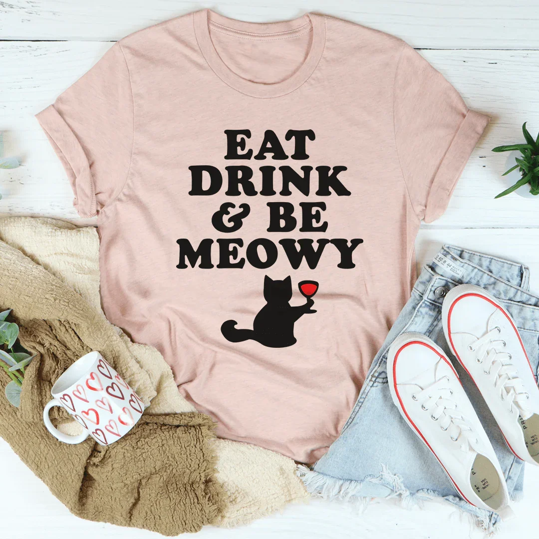 Cat Lover Holiday Graphic Tee – "Eat Drink & Be Meowy"
