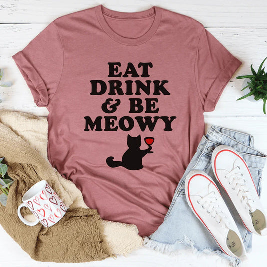 Cat Lover Holiday Graphic Tee – "Eat Drink & Be Meowy"