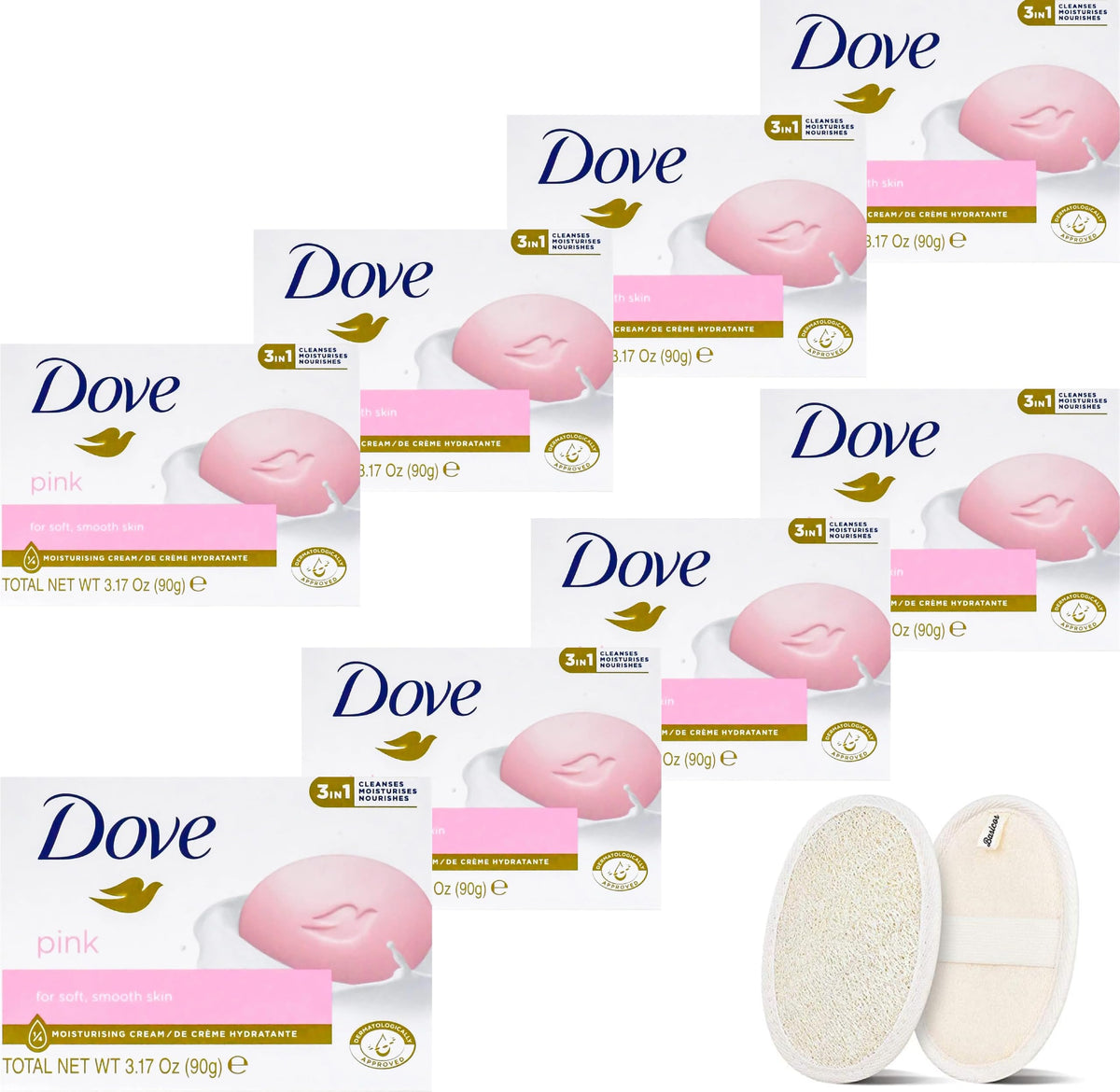 BÁSICOS Jabón en barra Dove para manos y cuerpo, suave para la piel, paquete de 8 barras, 89,6 g cada una. Además, 1 esponja de lufa (rosa)