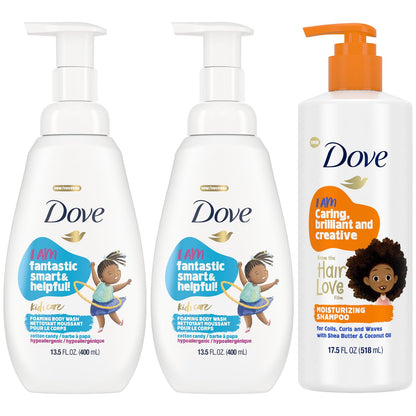Paquete de 2 geles de baño Dove Kids Care + Champú hidratante – Limpiador espumoso de algodón de azúcar y champú Dove con manteca de karité para cabello rizado de niños (set de 3 piezas)