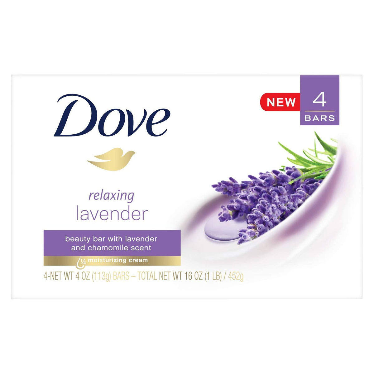 Dove Barra de Belleza Aroma Relajante Lavanda y Manzanilla 113 g x 4 barras, paquete de 1