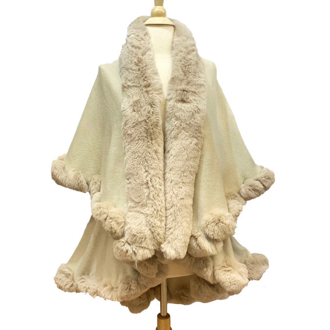 Elegant 2 Row Faux Fur Trim Knit Poncho Ruana