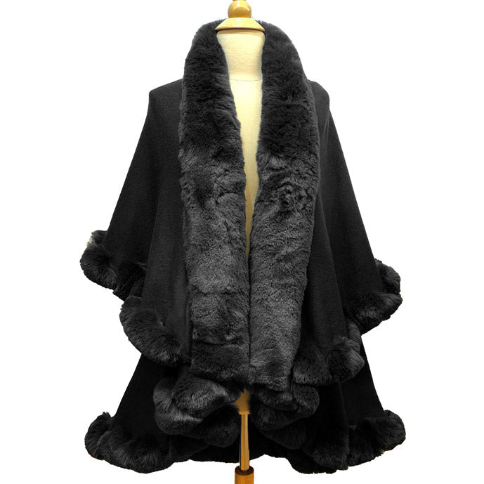 Elegant 2 Row Faux Fur Trim Knit Poncho Ruana