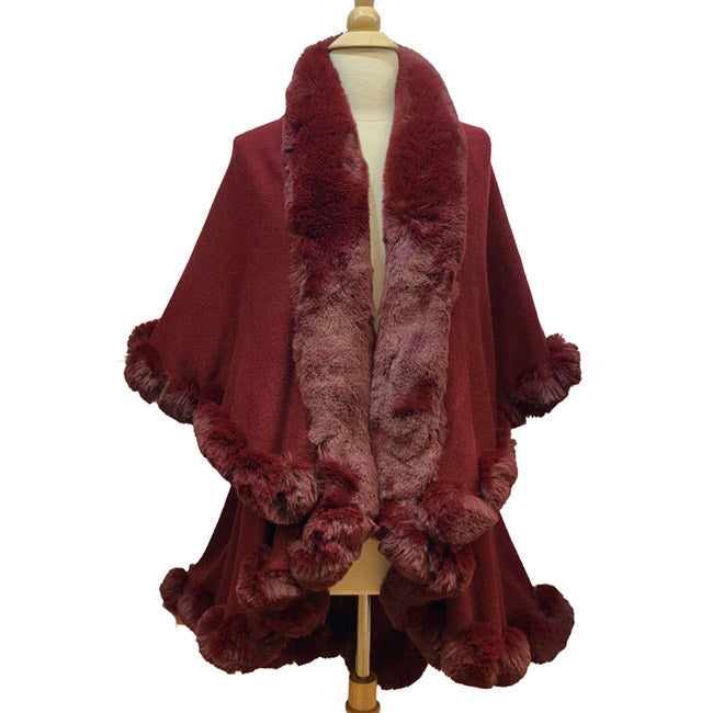 Elegant 2 Row Faux Fur Trim Knit Poncho Ruana