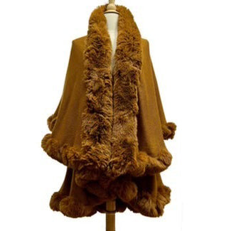 Elegant 2 Row Faux Fur Trim Knit Poncho Ruana