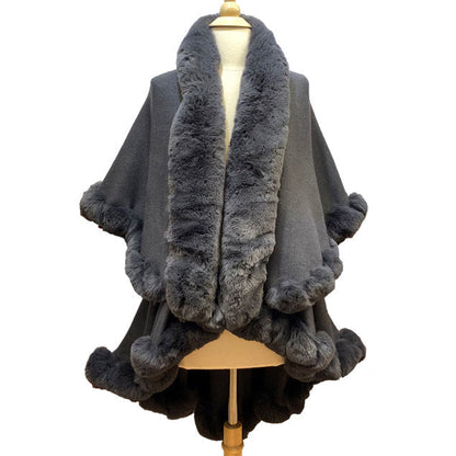 Elegant 2 Row Faux Fur Trim Knit Poncho Ruana
