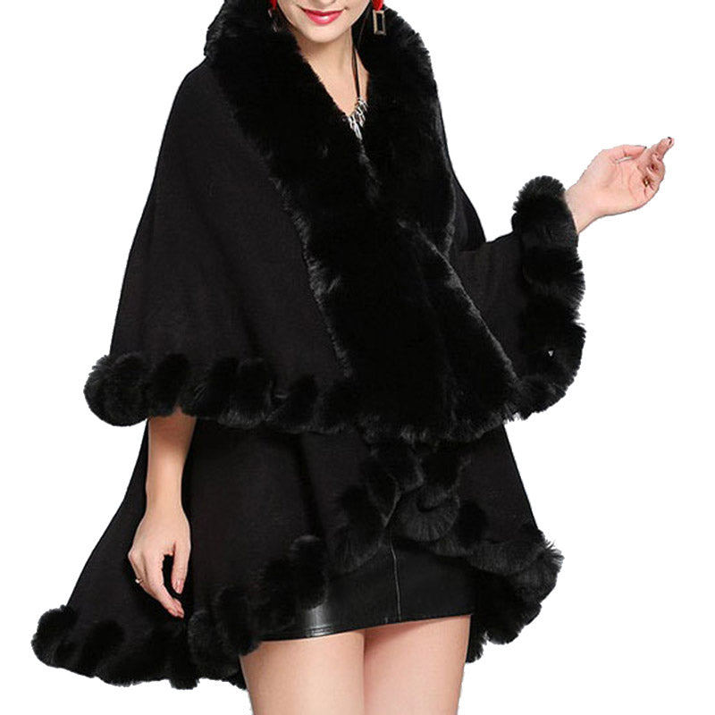 Elegant 2 Row Faux Fur Trim Knit Poncho Ruana
