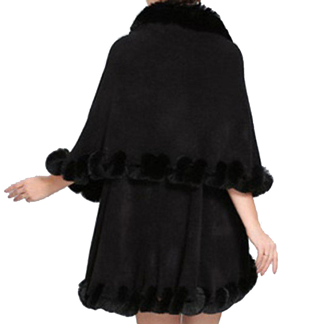 Elegant 2 Row Faux Fur Trim Knit Poncho Ruana