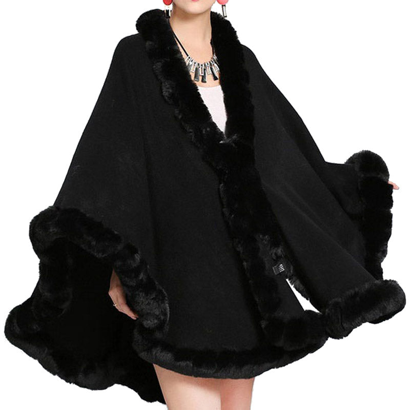 Elegant Faux Fur Trim Knit Poncho Ruana Cape
