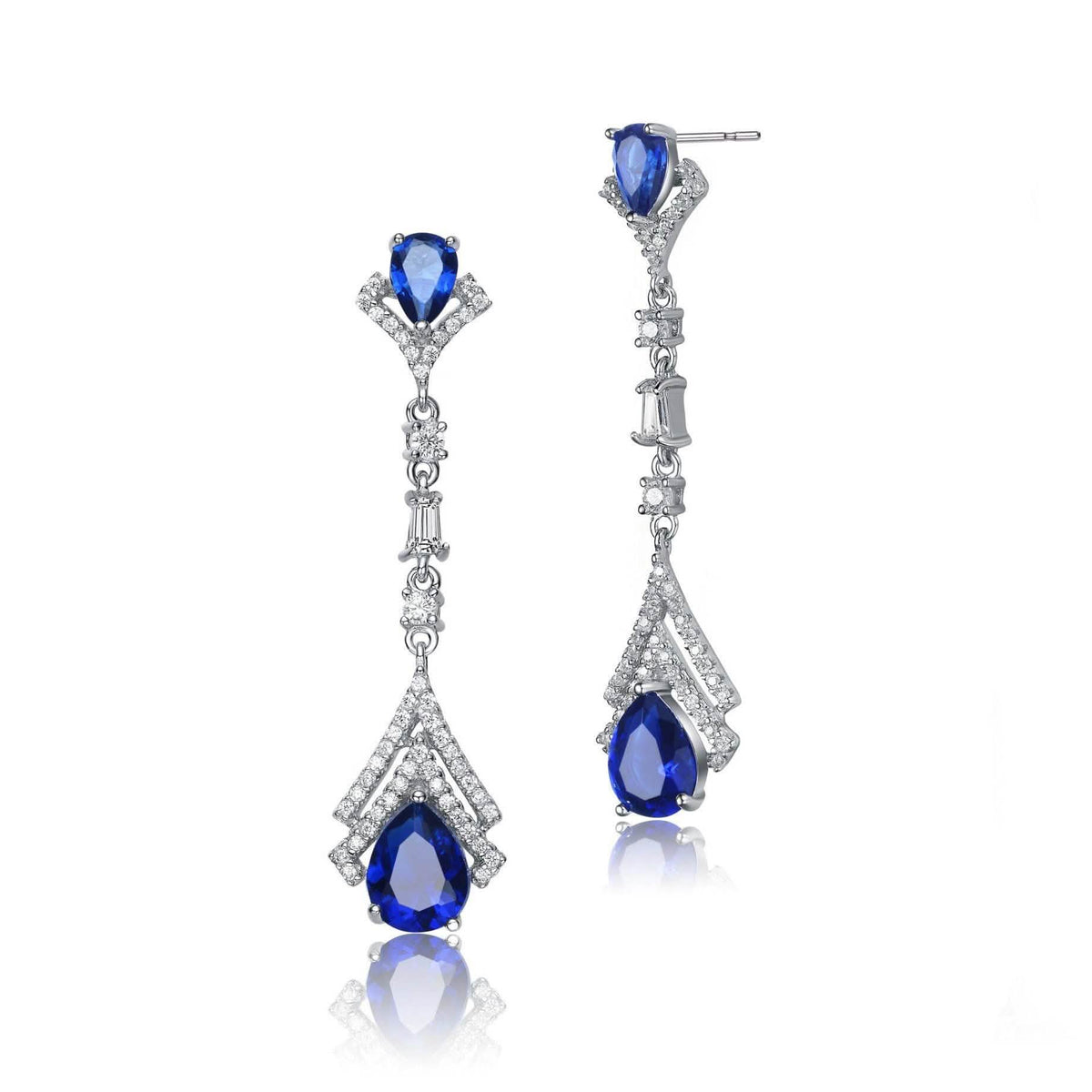 Elegantes pendientes colgantes de plata de ley con zafiro sintético y baño de rodio
