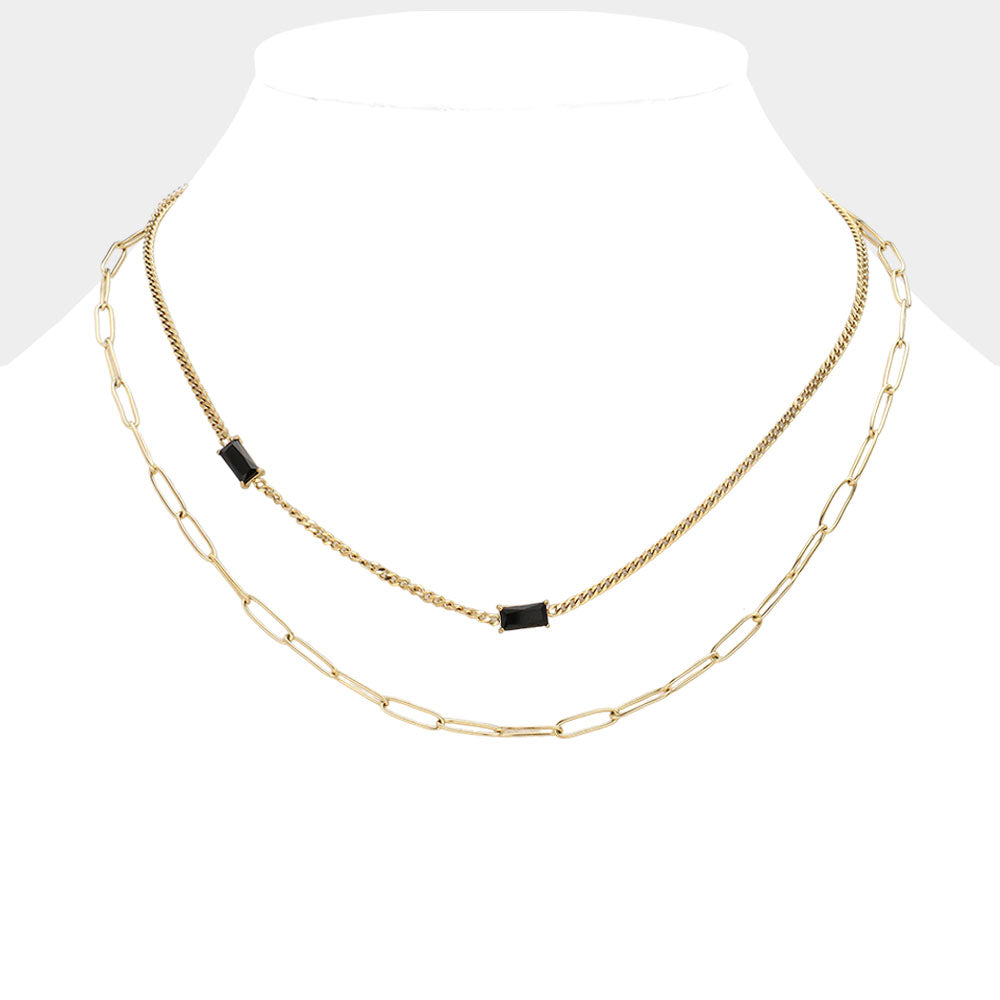 Emerald Cut Stone Cluster Pointed Stainless Steel Paperclip Chain Layered Necklace