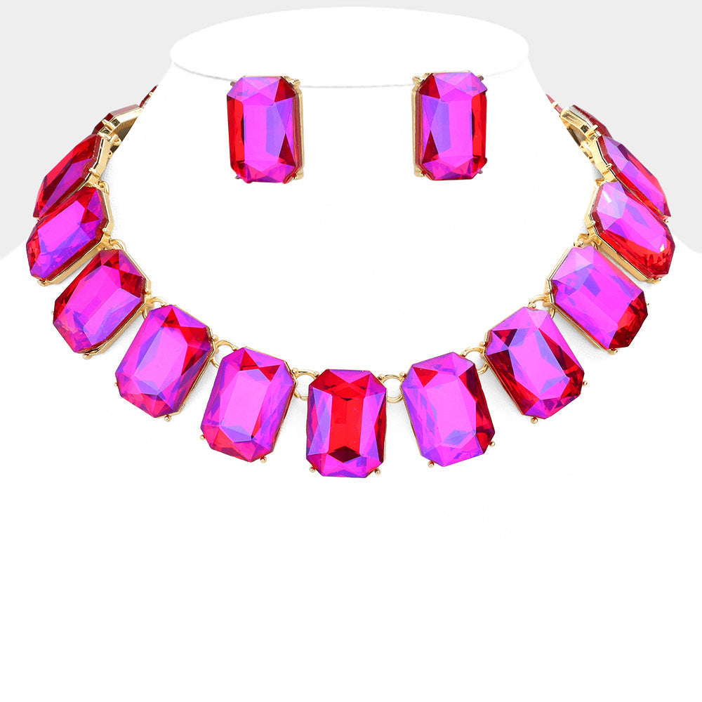Women's Emerald Cut Stone Link Evening Necklace