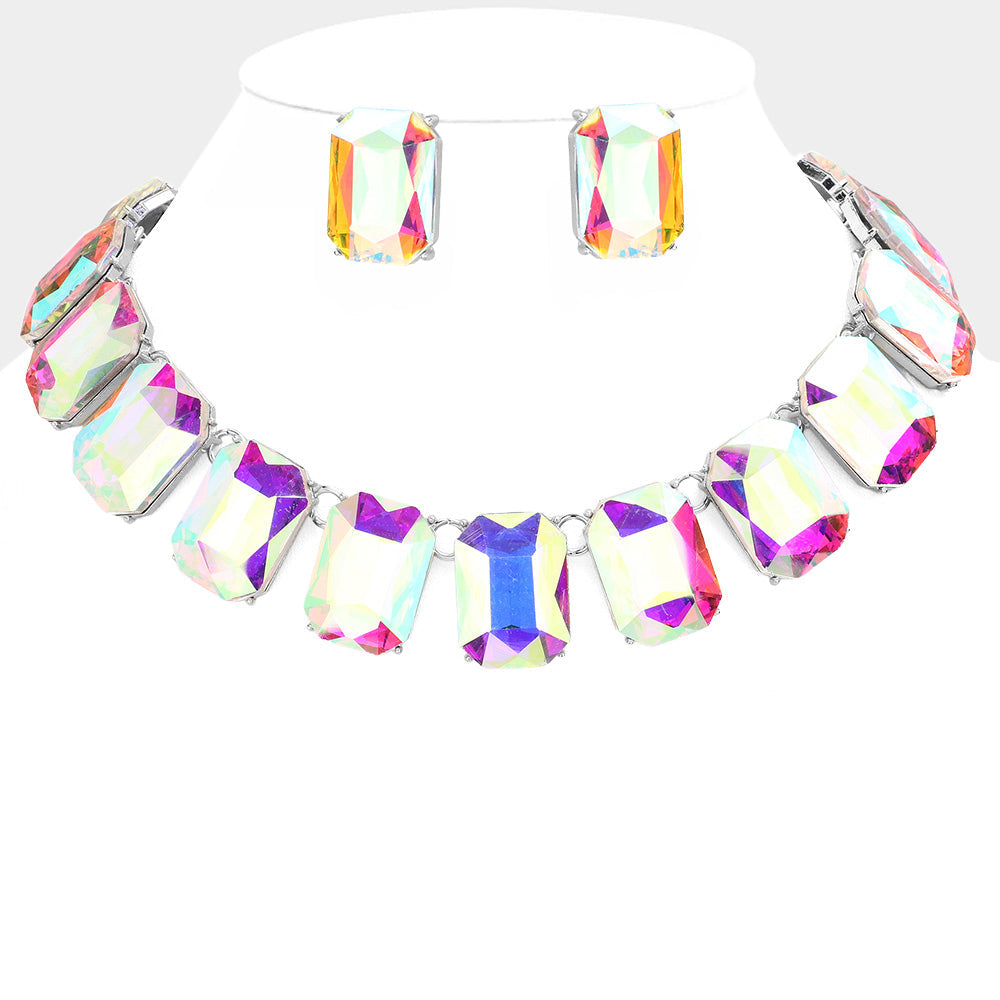 Women's Emerald Cut Stone Link Evening Necklace