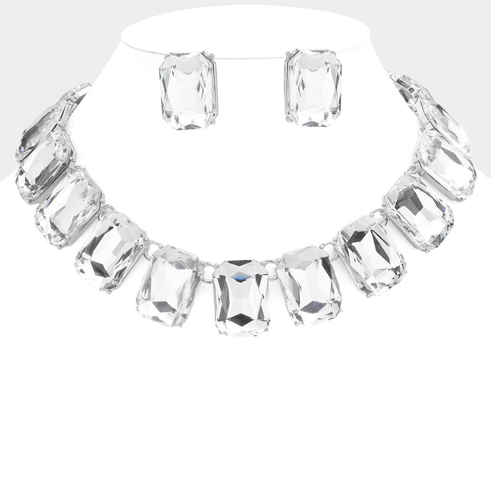 Women's Emerald Cut Stone Link Evening Necklace
