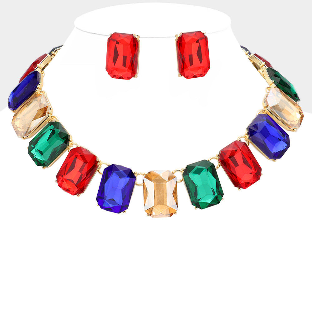 Women's Emerald Cut Stone Link Evening Necklace