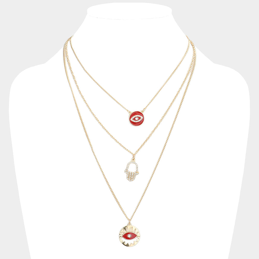 Enamel Rhinestone Embellished Evil Eye Hamsa Hand Pendant Triple Layered Necklace