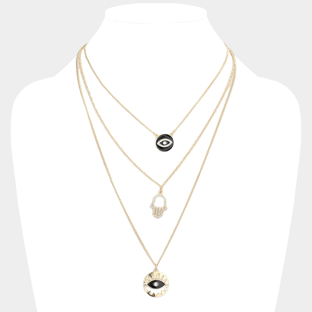 Enamel Rhinestone Embellished Evil Eye Hamsa Hand Pendant Triple Layered Necklace
