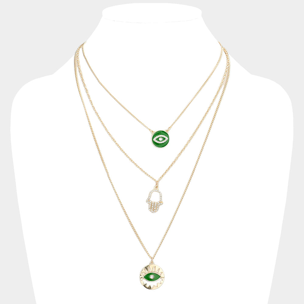 Enamel Rhinestone Embellished Evil Eye Hamsa Hand Pendant Triple Layered Necklace