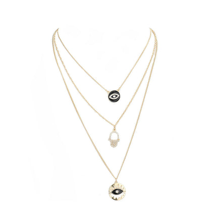 Enamel Rhinestone Evil Eye Hamsa Charm Triple Layer Necklace