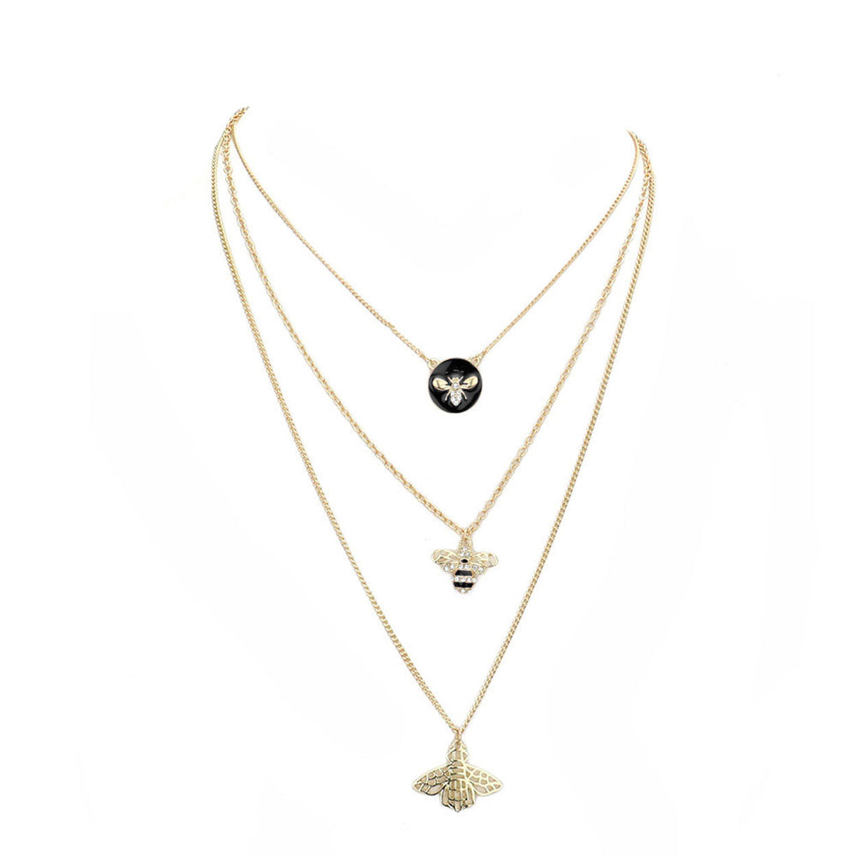 Enamel Rhinestone Honey Bee Pendant Triple Layered Necklace