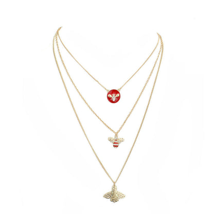 Enamel Rhinestone Honey Bee Pendant Triple Layered Necklace