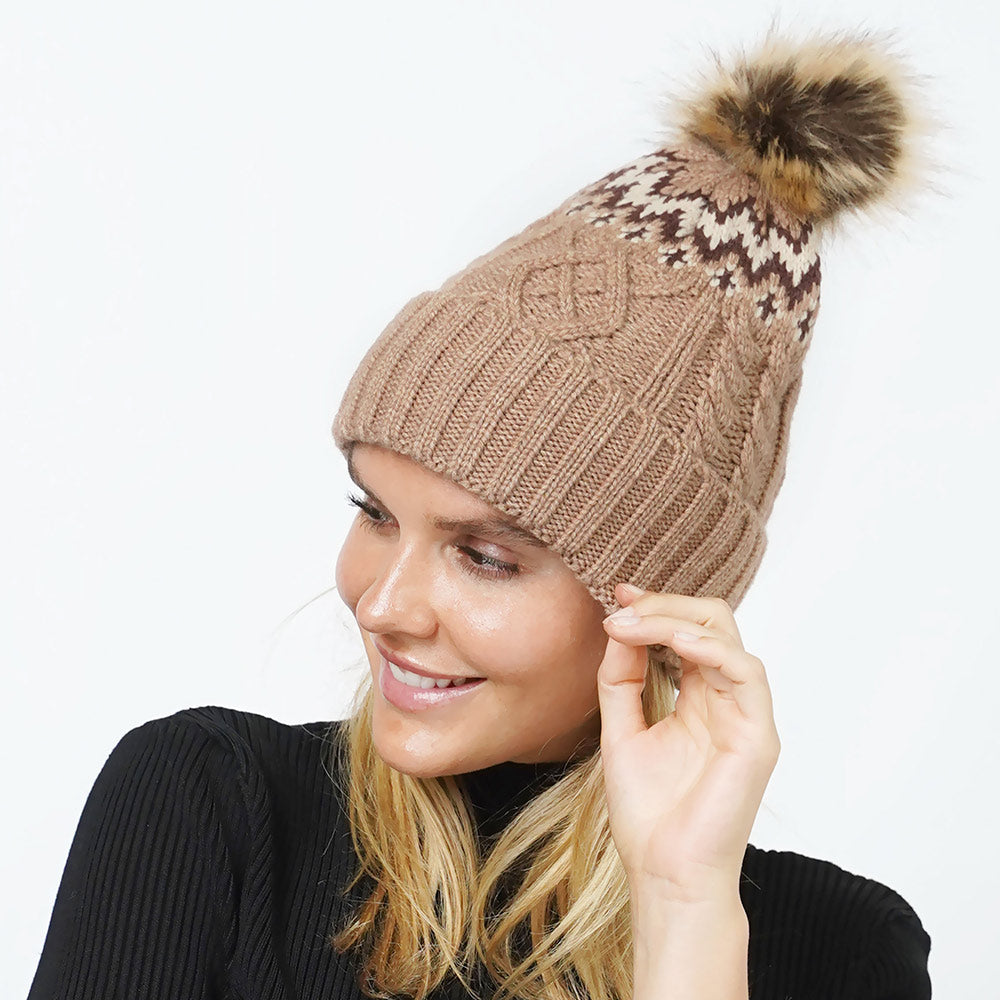 Ethnic Knit Beanie with Pom Pom