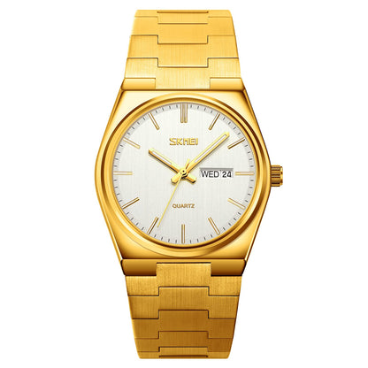 Reloj de pulsera de cuarzo con esfera tallada de dragón chino dorado de lujo para hombre, informal, impermeable, deportivo, de acero inoxidable (T GOLDSILVER)