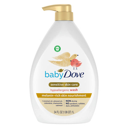 Baby Dove Humectación Piel Sensible Nutrición Piel Rica en Melanin para la Hora del Baño del Bebé Sin Lágrimas y Hipoalergénico 34 oz
