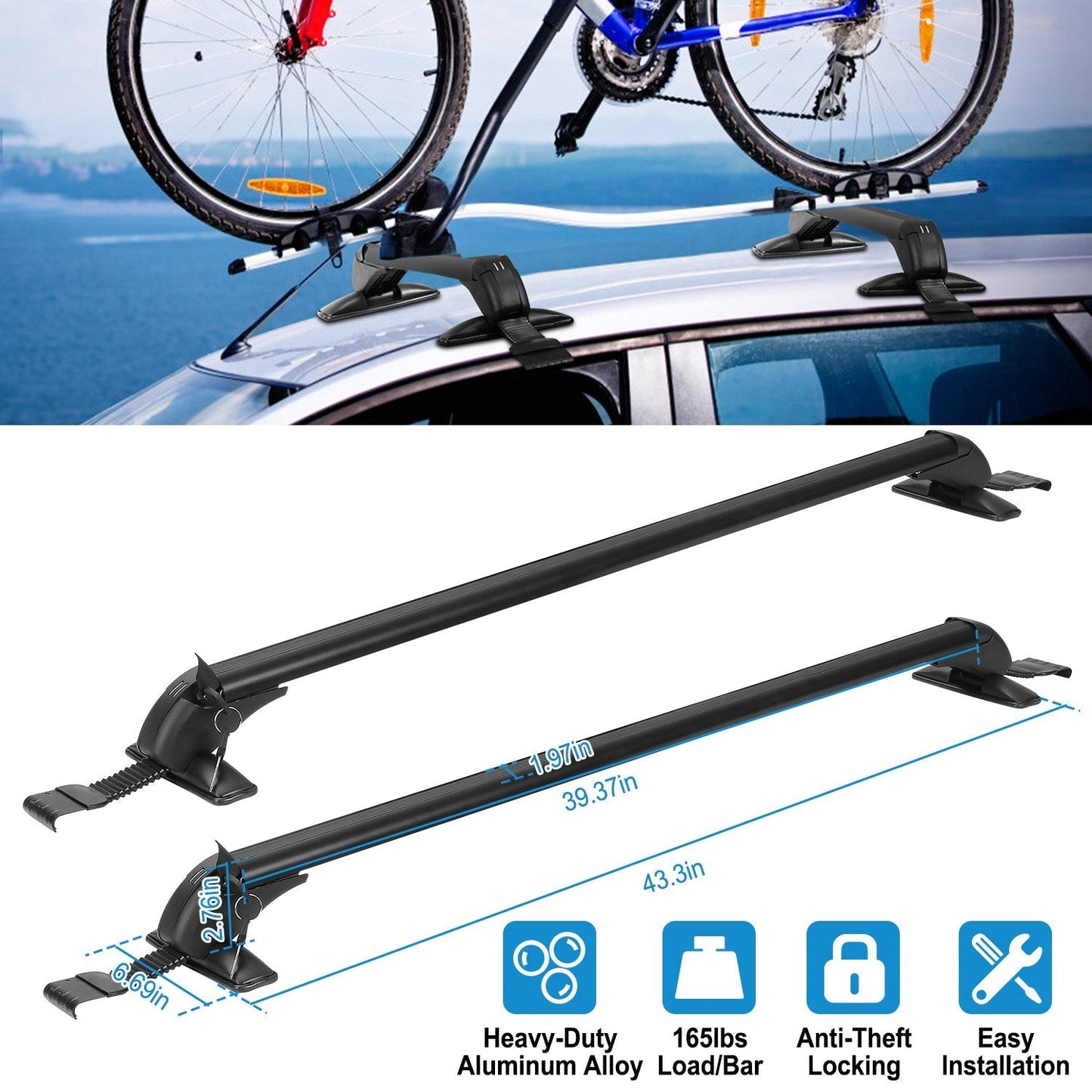 2PCS Universal 110cm/43-inch Car Roof Rack Cross Bar w/ Anti-Theft Lock Adjustable Window Frame for bike kayak cargo luggage
