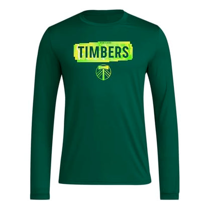 adidas Mens Long Sleeve Pre-Game T-Shirt Dark Green/Portland Timbers Large